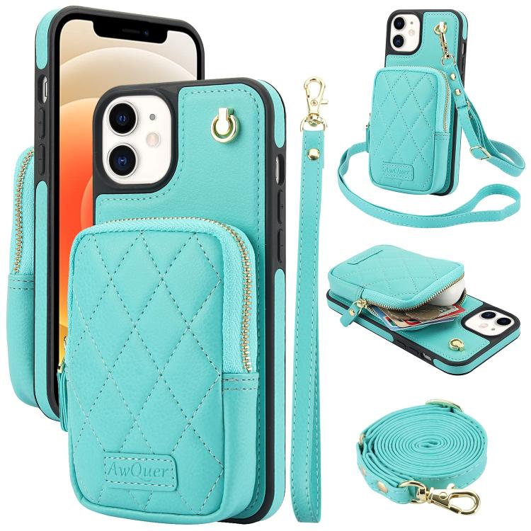 For iPhone 12 / 12 Pro AwQuer Crossbody Zipper Wallet Bag Litchi Leather Phone Case(Mint Green) - iPhone 12 / 12 Pro Cases by Awquer | Online Shopping UK | buy2fix