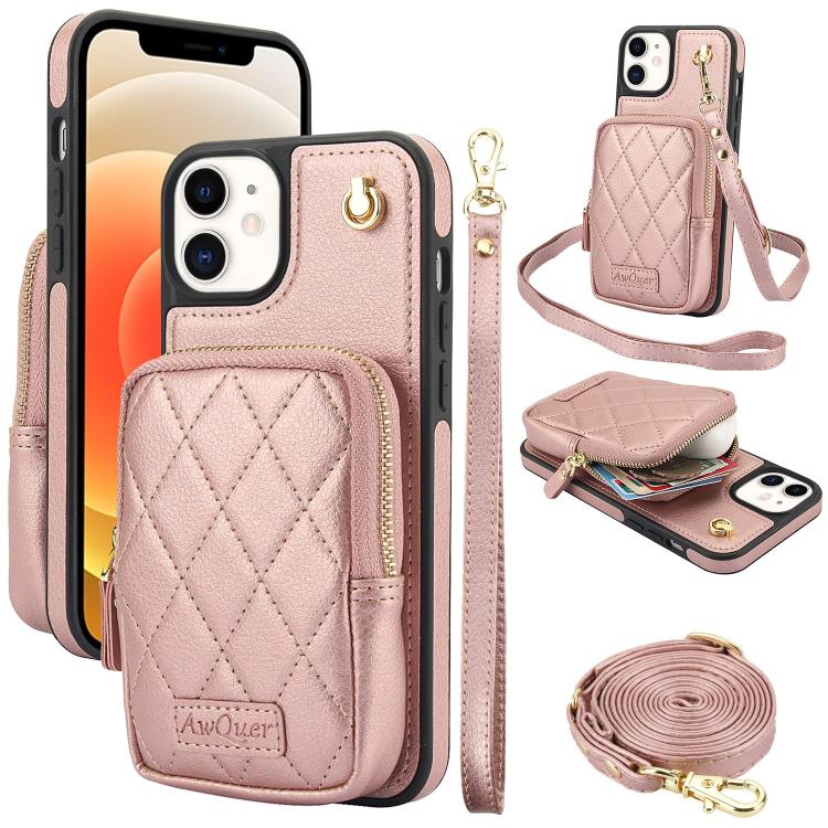 For iPhone 12 / 12 Pro AwQuer Crossbody Zipper Wallet Bag Litchi Leather Phone Case(Rose Gold) - iPhone 12 / 12 Pro Cases by Awquer | Online Shopping UK | buy2fix