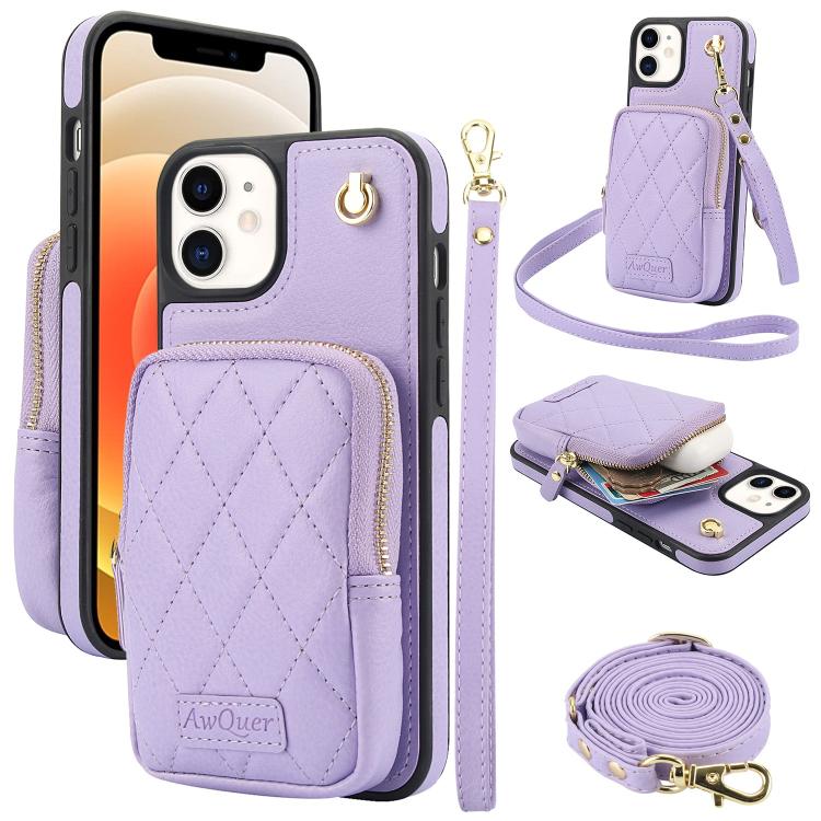 For iPhone 12 / 12 Pro AwQuer Crossbody Zipper Wallet Bag Litchi Leather Phone Case(Light Purple) - iPhone 12 / 12 Pro Cases by Awquer | Online Shopping UK | buy2fix