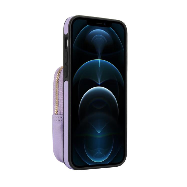 For iPhone 12 / 12 Pro AwQuer Crossbody Zipper Wallet Bag Litchi Leather Phone Case(Light Purple) - iPhone 12 / 12 Pro Cases by Awquer | Online Shopping UK | buy2fix