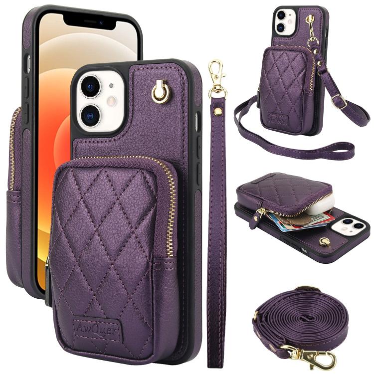For iPhone 12 / 12 Pro AwQuer Crossbody Zipper Wallet Bag Litchi Leather Phone Case(Dark Purple) - iPhone 12 / 12 Pro Cases by Awquer | Online Shopping UK | buy2fix