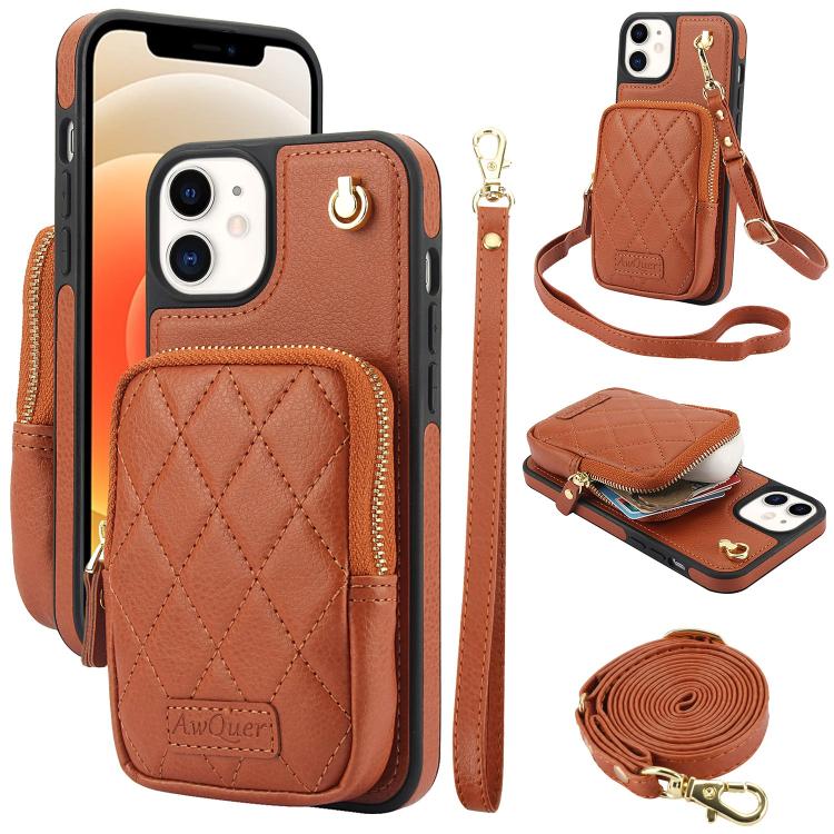 For iPhone 12 / 12 Pro AwQuer Crossbody Zipper Wallet Bag Litchi Leather Phone Case(Brown) - iPhone 12 / 12 Pro Cases by Awquer | Online Shopping UK | buy2fix