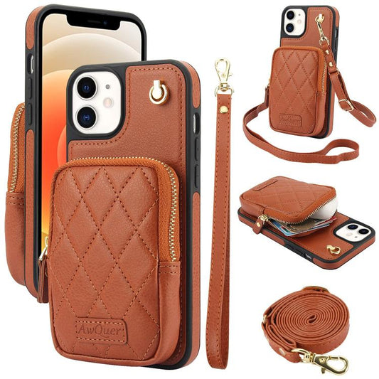 For iPhone 12 / 12 Pro AwQuer Crossbody Zipper Wallet Bag Litchi Leather Phone Case(Brown) - iPhone 12 / 12 Pro Cases by Awquer | Online Shopping UK | buy2fix