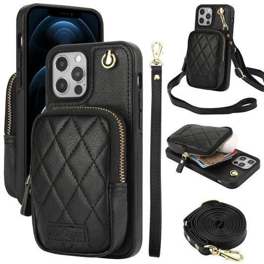 For iPhone 12 Pro Max AwQuer Crossbody Zipper Wallet Bag Litchi Leather Phone Case(Black) - iPhone 12 Pro Max Cases by Awquer | Online Shopping UK | buy2fix