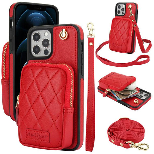 For iPhone 12 Pro Max AwQuer Crossbody Zipper Wallet Bag Litchi Leather Phone Case(Red) - iPhone 12 Pro Max Cases by Awquer | Online Shopping UK | buy2fix