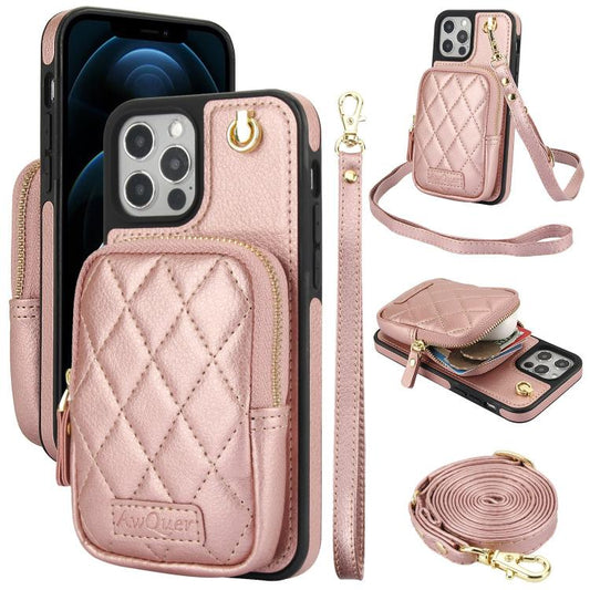 For iPhone 12 Pro Max AwQuer Crossbody Zipper Wallet Bag Litchi Leather Phone Case(Rose Gold) - iPhone 12 Pro Max Cases by Awquer | Online Shopping UK | buy2fix