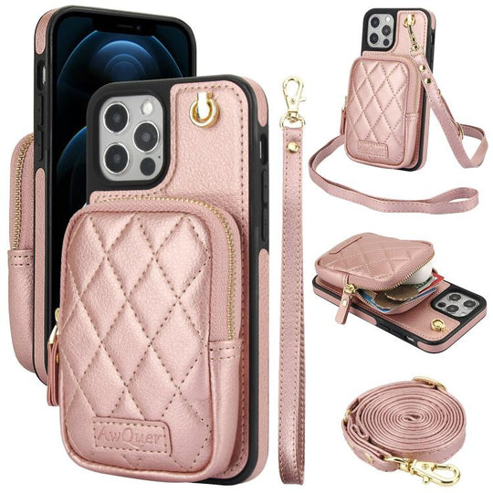 For iPhone 12 Pro Max AwQuer Crossbody Zipper Wallet Bag Litchi Leather Phone Case(Rose Gold)