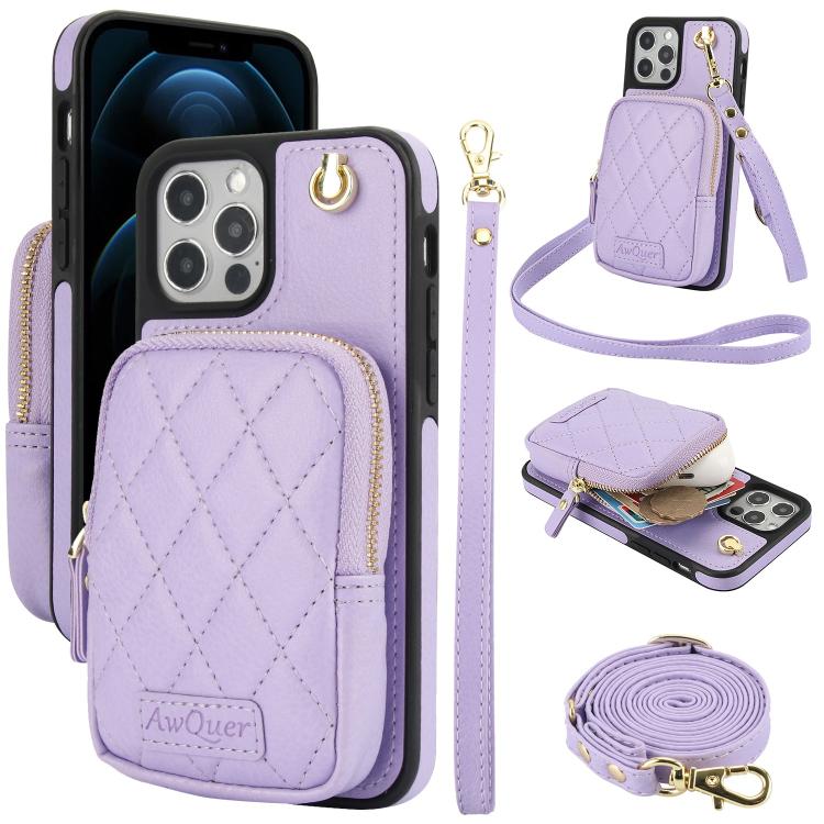 For iPhone 12 Pro Max AwQuer Crossbody Zipper Wallet Bag Litchi Leather Phone Case(Light Purple) - iPhone 12 Pro Max Cases by Awquer | Online Shopping UK | buy2fix