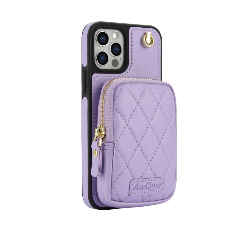 For iPhone 12 Pro Max AwQuer Crossbody Zipper Wallet Bag Litchi Leather Phone Case(Light Purple) - iPhone 12 Pro Max Cases by Awquer | Online Shopping UK | buy2fix