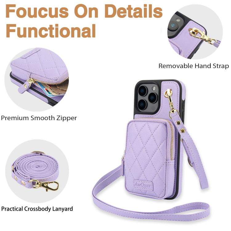 For iPhone 12 Pro Max AwQuer Crossbody Zipper Wallet Bag Litchi Leather Phone Case(Light Purple) - iPhone 12 Pro Max Cases by Awquer | Online Shopping UK | buy2fix