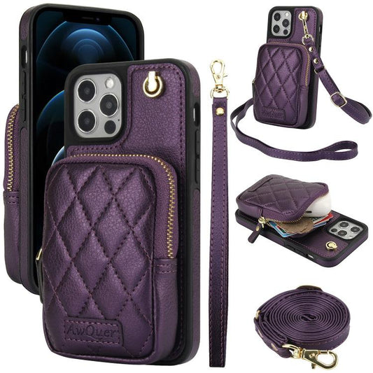 For iPhone 12 Pro Max AwQuer Crossbody Zipper Wallet Bag Litchi Leather Phone Case(Dark Purple) - iPhone 12 Pro Max Cases by Awquer | Online Shopping UK | buy2fix