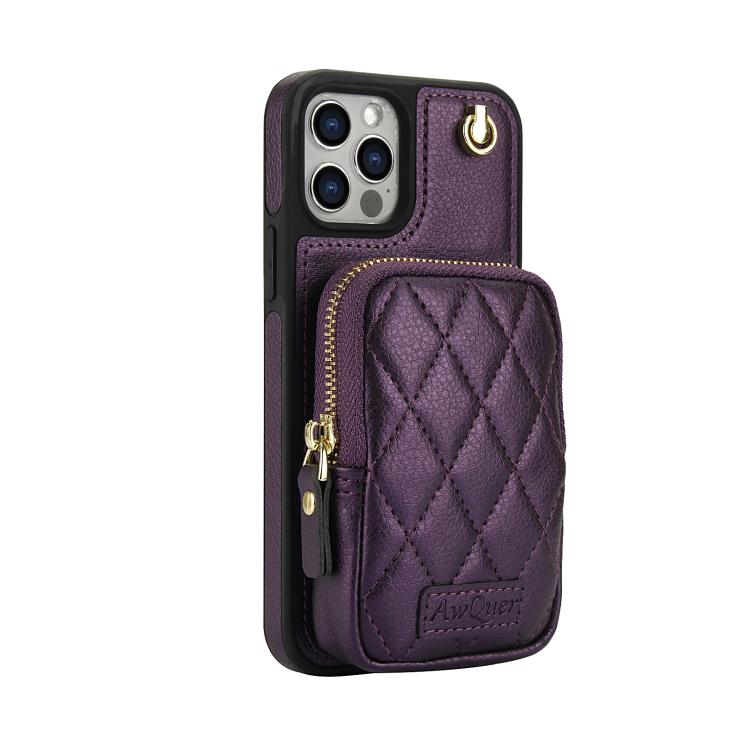 For iPhone 12 Pro Max AwQuer Crossbody Zipper Wallet Bag Litchi Leather Phone Case(Dark Purple) - iPhone 12 Pro Max Cases by Awquer | Online Shopping UK | buy2fix