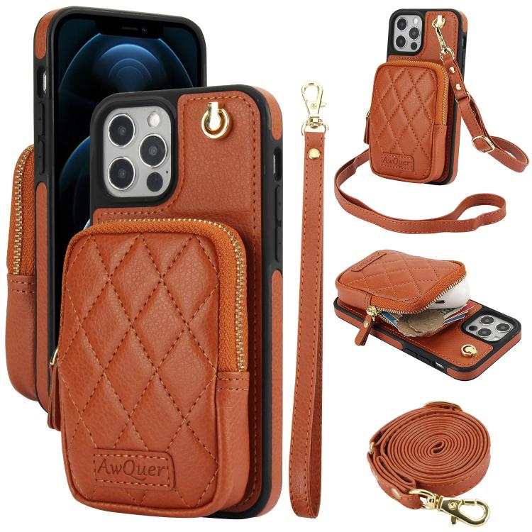For iPhone 12 Pro Max AwQuer Crossbody Zipper Wallet Bag Litchi Leather Phone Case(Brown) - iPhone 12 Pro Max Cases by Awquer | Online Shopping UK | buy2fix
