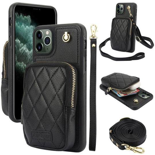 For iPhone 11 Pro Max AwQuer Crossbody Zipper Wallet Bag Litchi Leather Phone Case(Black)