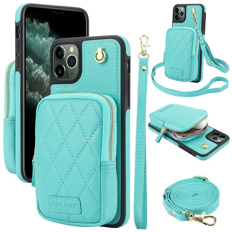 For iPhone 11 Pro Max AwQuer Crossbody Zipper Wallet Bag Litchi Leather Phone Case(Mint Green) - iPhone 11 Pro Max Cases by Awquer | Online Shopping UK | buy2fix