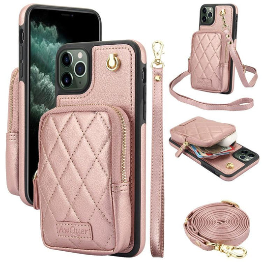For iPhone 11 Pro Max AwQuer Crossbody Zipper Wallet Bag Litchi Leather Phone Case(Rose Gold) - iPhone 11 Pro Max Cases by Awquer | Online Shopping UK | buy2fix