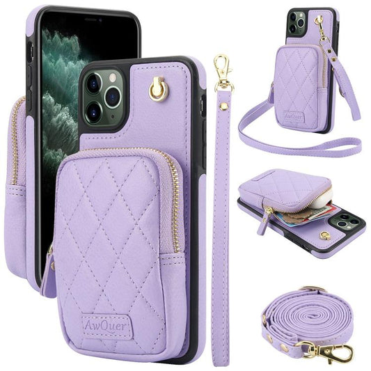 For iPhone 11 Pro Max AwQuer Crossbody Zipper Wallet Bag Litchi Leather Phone Case(Light Purple) - iPhone 11 Pro Max Cases by Awquer | Online Shopping UK | buy2fix