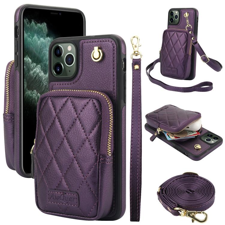 For iPhone 11 Pro Max AwQuer Crossbody Zipper Wallet Bag Litchi Leather Phone Case(Dark Purple) - iPhone 11 Pro Max Cases by Awquer | Online Shopping UK | buy2fix