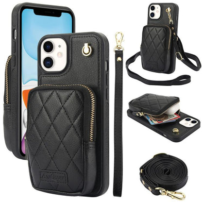 For iPhone 11 AwQuer Crossbody Zipper Wallet Bag Litchi Leather Phone Case(Black) - iPhone 11 Cases by Awquer | Online Shopping UK | buy2fix