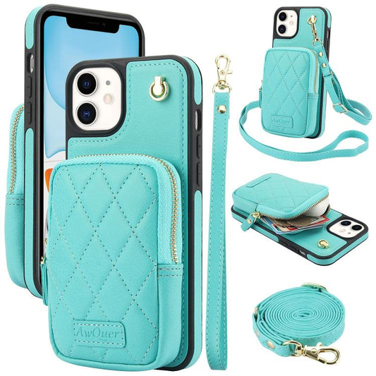 For iPhone 11 AwQuer Crossbody Zipper Wallet Bag Litchi Leather Phone Case(Mint Green) - iPhone 11 Cases by Awquer | Online Shopping UK | buy2fix