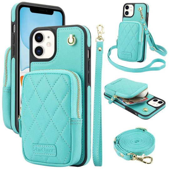 For iPhone 11 AwQuer Crossbody Zipper Wallet Bag Litchi Leather Phone Case(Mint Green)