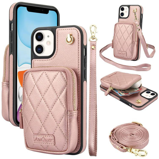 For iPhone 11 AwQuer Crossbody Zipper Wallet Bag Litchi Leather Phone Case(Rose Gold)