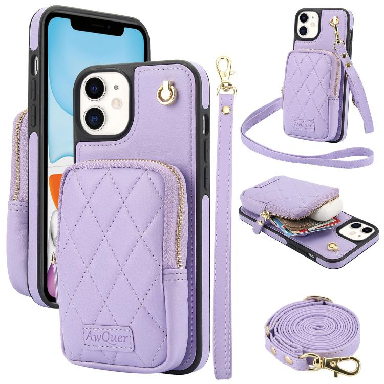 For iPhone 11 AwQuer Crossbody Zipper Wallet Bag Litchi Leather Phone Case(Light Purple) - iPhone 11 Cases by Awquer | Online Shopping UK | buy2fix