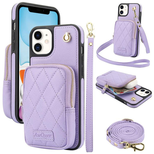 For iPhone 11 AwQuer Crossbody Zipper Wallet Bag Litchi Leather Phone Case(Light Purple) - iPhone 11 Cases by Awquer | Online Shopping UK | buy2fix