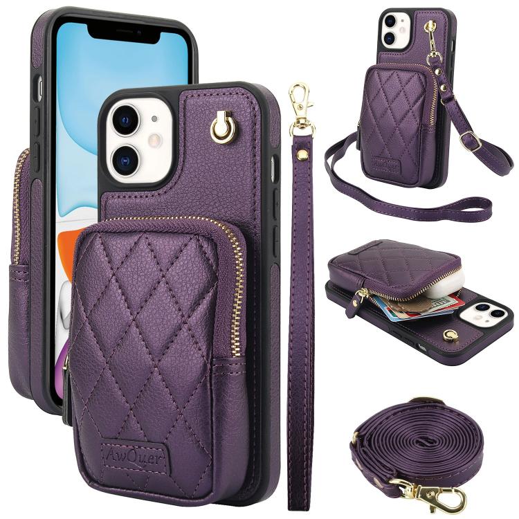 For iPhone 11 AwQuer Crossbody Zipper Wallet Bag Litchi Leather Phone Case(Dark Purple) - iPhone 11 Cases by Awquer | Online Shopping UK | buy2fix
