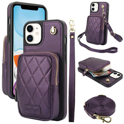 For iPhone 11 AwQuer Crossbody Zipper Wallet Bag Litchi Leather Phone Case(Dark Purple) - iPhone 11 Cases by Awquer | Online Shopping UK | buy2fix