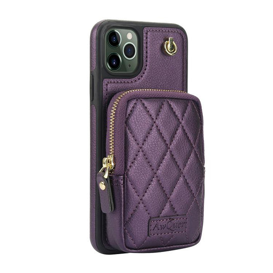 For iPhone 11 AwQuer Crossbody Zipper Wallet Bag Litchi Leather Phone Case(Dark Purple) - iPhone 11 Cases by Awquer | Online Shopping UK | buy2fix