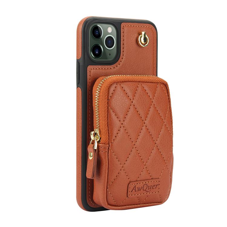 For iPhone 11 AwQuer Crossbody Zipper Wallet Bag Litchi Leather Phone Case(Brown) - iPhone 11 Cases by Awquer | Online Shopping UK | buy2fix
