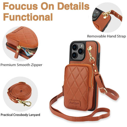 For iPhone 11 AwQuer Crossbody Zipper Wallet Bag Litchi Leather Phone Case(Brown) - iPhone 11 Cases by Awquer | Online Shopping UK | buy2fix