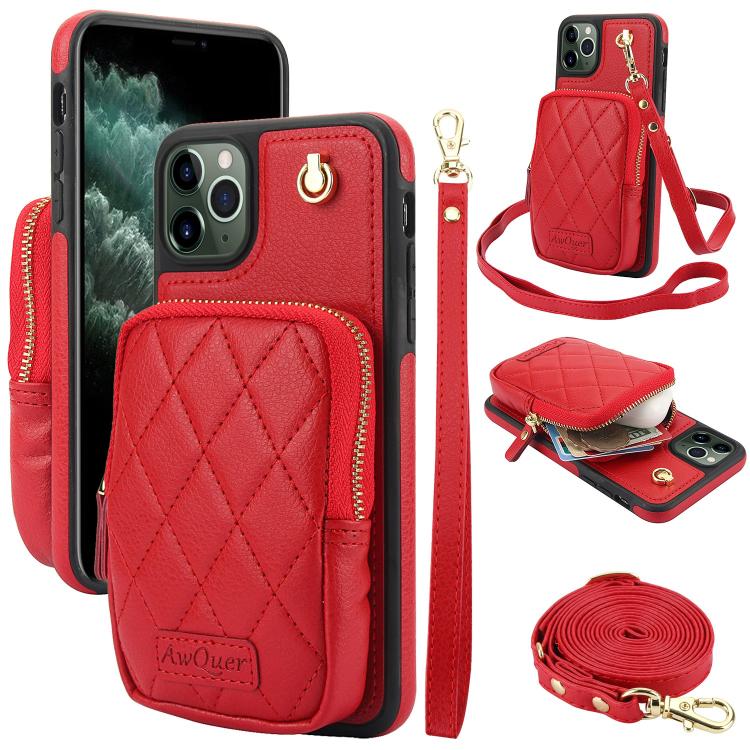 For iPhone 11 Pro AwQuer Crossbody Zipper Wallet Bag Litchi Leather Phone Case(Red) - iPhone 11 Pro Cases by Awquer | Online Shopping UK | buy2fix