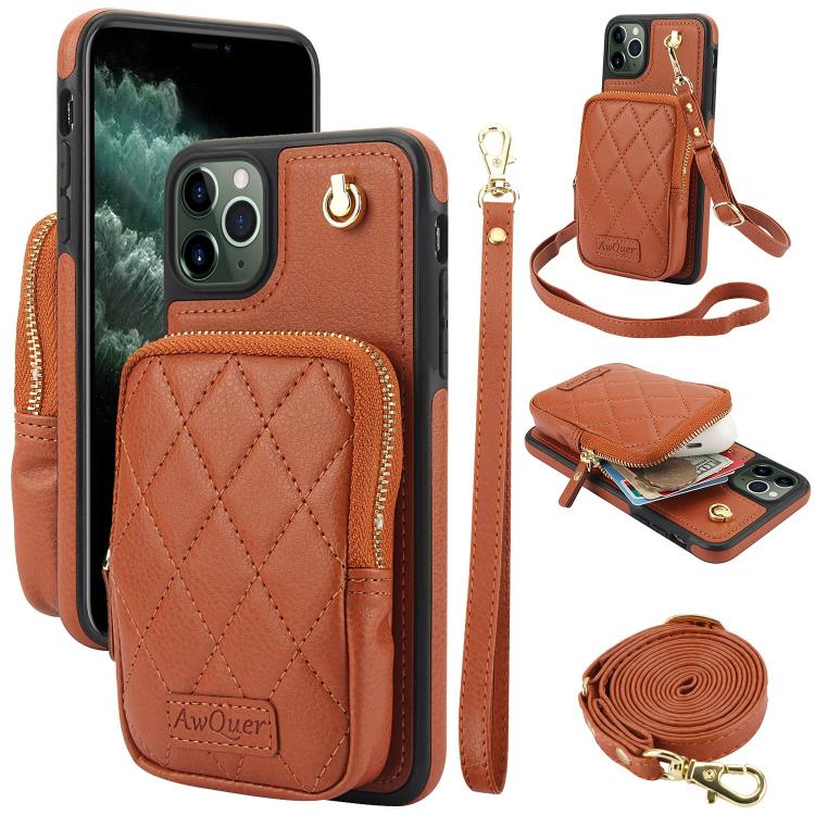 For iPhone 11 Pro AwQuer Crossbody Zipper Wallet Bag Litchi Leather Phone Case(Brown) - iPhone 11 Pro Cases by Awquer | Online Shopping UK | buy2fix
