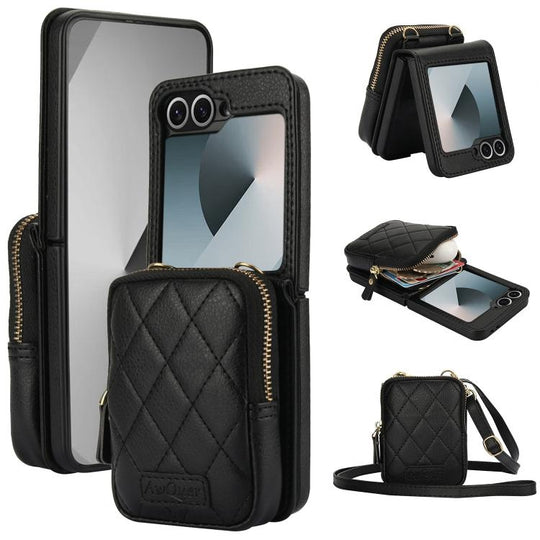For Samsung Galaxy Z Flip6 / Flip7 FE AwQuer Crossbody Zipper Wallet Bag Litchi Leather Phone Case(Black)