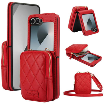 For Samsung Galaxy Z Flip6 / Flip7 FE AwQuer Crossbody Zipper Wallet Bag Litchi Leather Phone Case(Red) - Galaxy Z Flip6 5G Cases by Awquer | Online Shopping UK | buy2fix