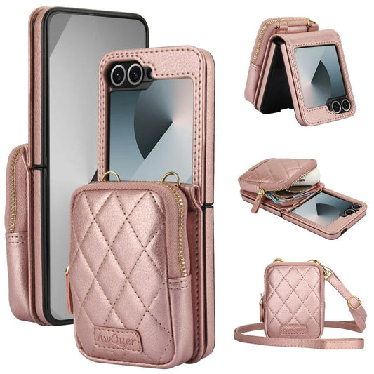 For Samsung Galaxy Z Flip6 / Flip7 FE AwQuer Crossbody Zipper Wallet Bag Litchi Leather Phone Case(Rose Gold) - Galaxy Z Flip6 5G Cases by Awquer | Online Shopping UK | buy2fix