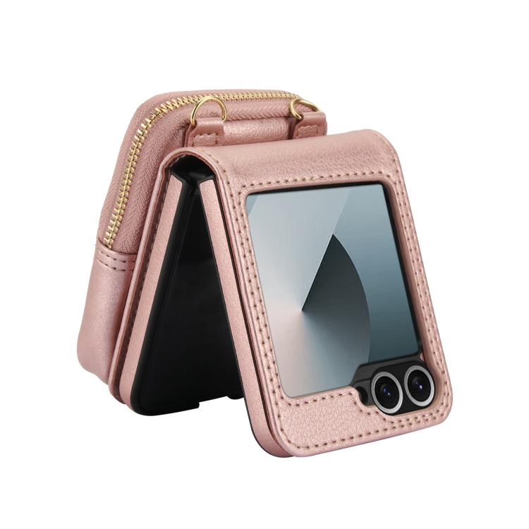 For Samsung Galaxy Z Flip6 / Flip7 FE AwQuer Crossbody Zipper Wallet Bag Litchi Leather Phone Case(Rose Gold) - Galaxy Z Flip6 5G Cases by Awquer | Online Shopping UK | buy2fix