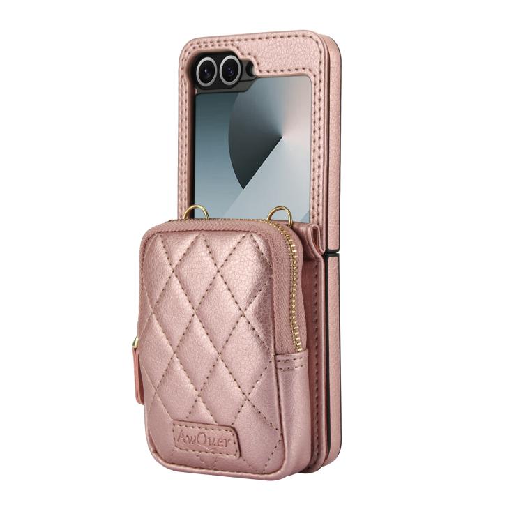 For Samsung Galaxy Z Flip6 / Flip7 FE AwQuer Crossbody Zipper Wallet Bag Litchi Leather Phone Case(Rose Gold) - Galaxy Z Flip6 5G Cases by Awquer | Online Shopping UK | buy2fix