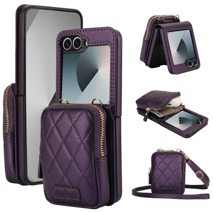 For Samsung Galaxy Z Flip6 / Flip7 FE AwQuer Crossbody Zipper Wallet Bag Litchi Leather Phone Case(Dark Purple) - Galaxy Z Flip6 5G Cases by Awquer | Online Shopping UK | buy2fix