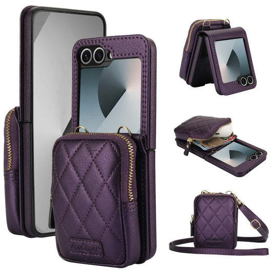 For Samsung Galaxy Z Flip6 / Flip7 FE AwQuer Crossbody Zipper Wallet Bag Litchi Leather Phone Case(Dark Purple) - Galaxy Z Flip6 5G Cases by Awquer | Online Shopping UK | buy2fix