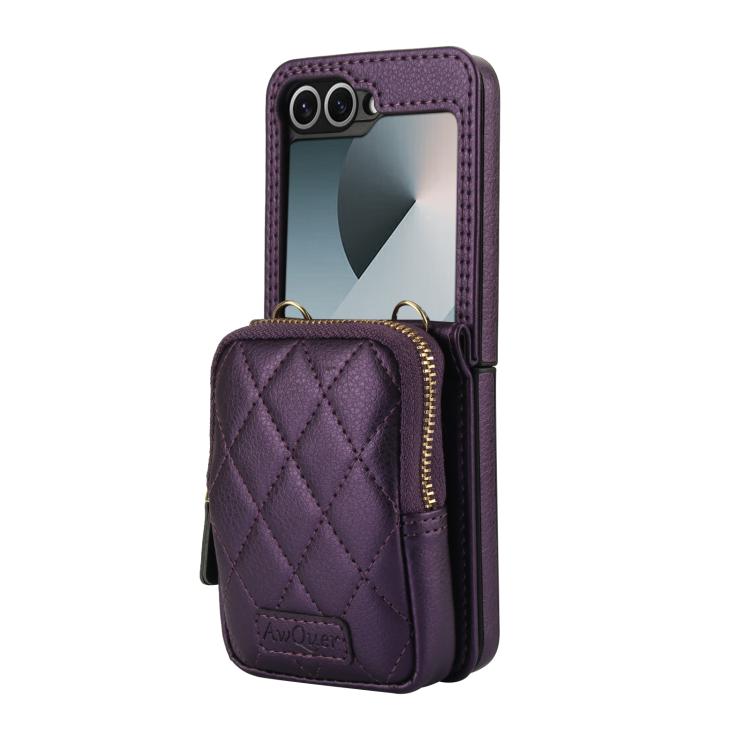 For Samsung Galaxy Z Flip6 / Flip7 FE AwQuer Crossbody Zipper Wallet Bag Litchi Leather Phone Case(Dark Purple) - Galaxy Z Flip6 5G Cases by Awquer | Online Shopping UK | buy2fix