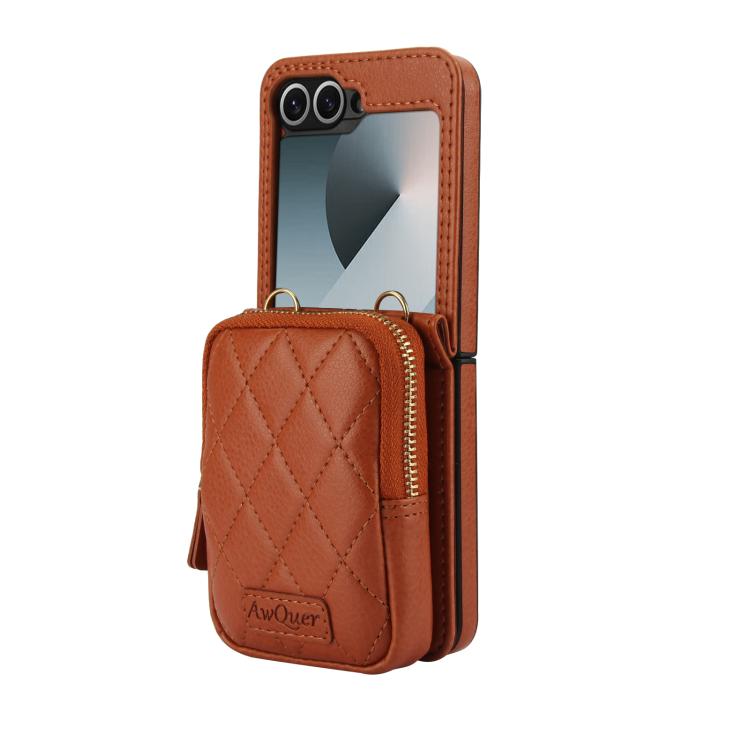 For Samsung Galaxy Z Flip6 / Flip7 FE AwQuer Crossbody Zipper Wallet Bag Litchi Leather Phone Case(Brown) - Galaxy Z Flip6 5G Cases by Awquer | Online Shopping UK | buy2fix