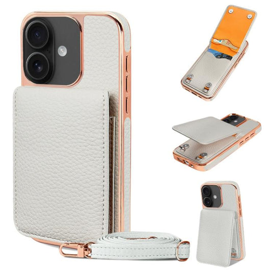 For iPhone 16 VIETAO Litchi Texture Wallet PU Phone Case with Lanyard(White) by VIETAO