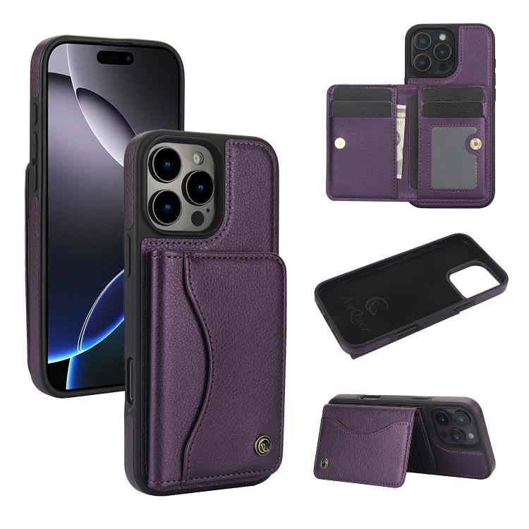For iPhone 16 Pro AwQuer Horizontal Flip Card Bag Holder Leather Phone Case(Dark Purple) by Awquer