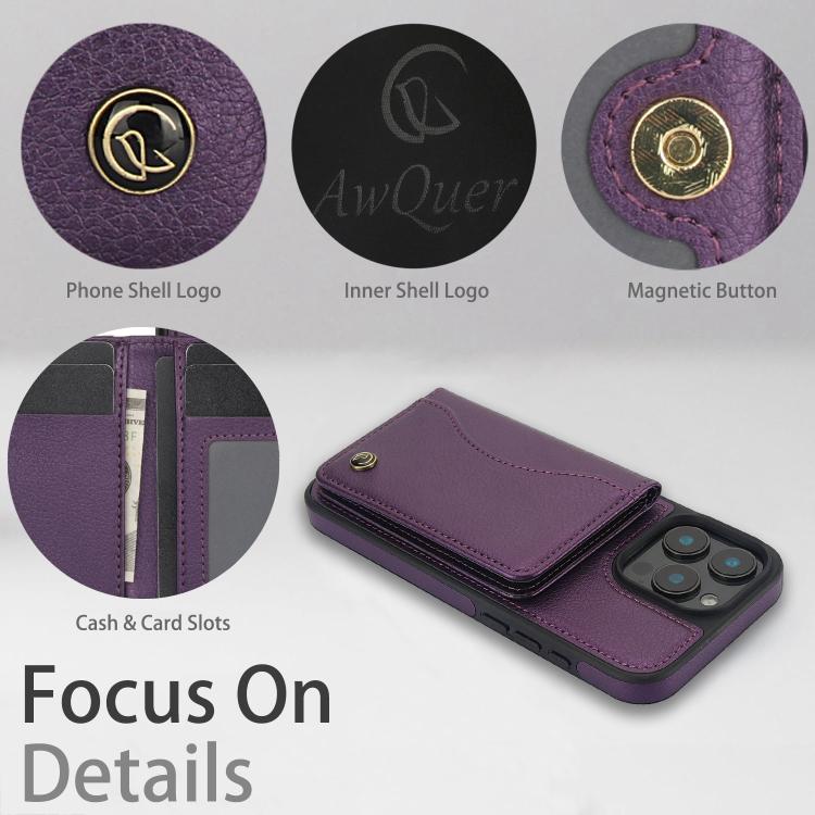 For iPhone 16 Pro AwQuer Horizontal Flip Card Bag Holder Leather Phone Case(Dark Purple) by Awquer