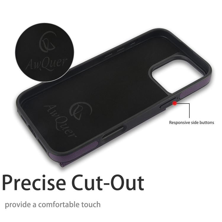For iPhone 16 Pro AwQuer Horizontal Flip Card Bag Holder Leather Phone Case(Dark Purple) by Awquer