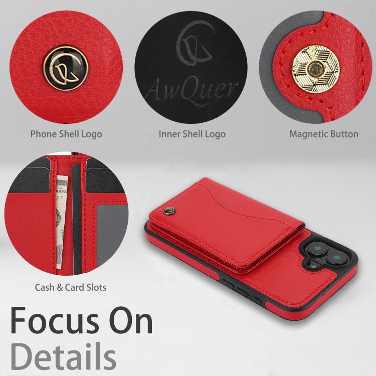 For iPhone 16 Plus AwQuer Horizontal Flip Card Bag Holder Leather Phone Case(Red) by Awquer