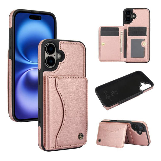 For iPhone 16 AwQuer Horizontal Flip Card Bag Holder Leather Phone Case(Rose Gold) by Awquer